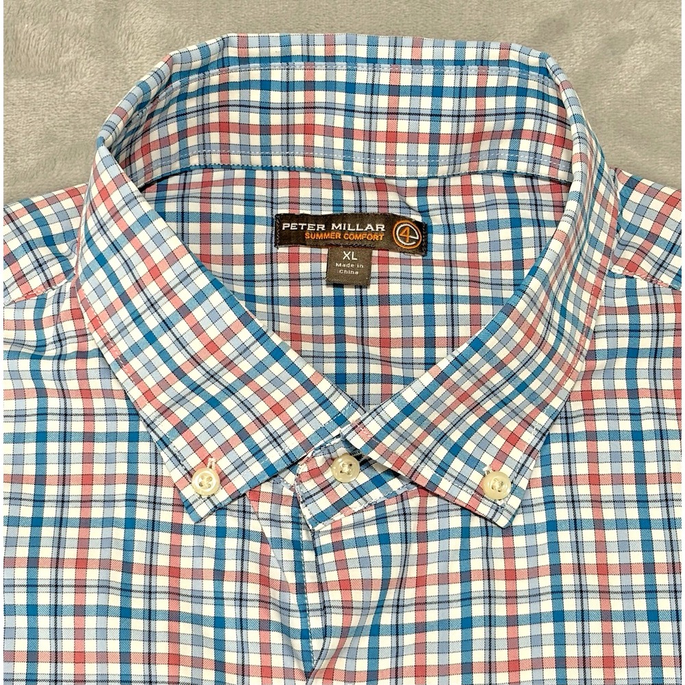 Peter Millar Summer Comfort Mens Button Down Shirt Performance Blue Red Plaid XL
